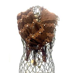 Cowl neck stretchy knit infinity scarf brown stripe with faux pearls